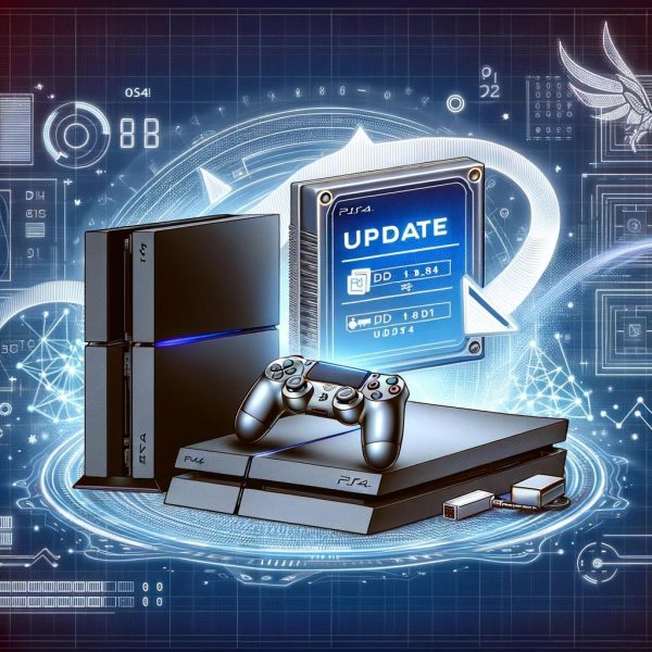 DALL·E 2024-01-29 09.53.33 - A visual representation of a PS4 update service, featuring a PS4 console and a PS4 controller. The scene should suggest the process of updating the co
